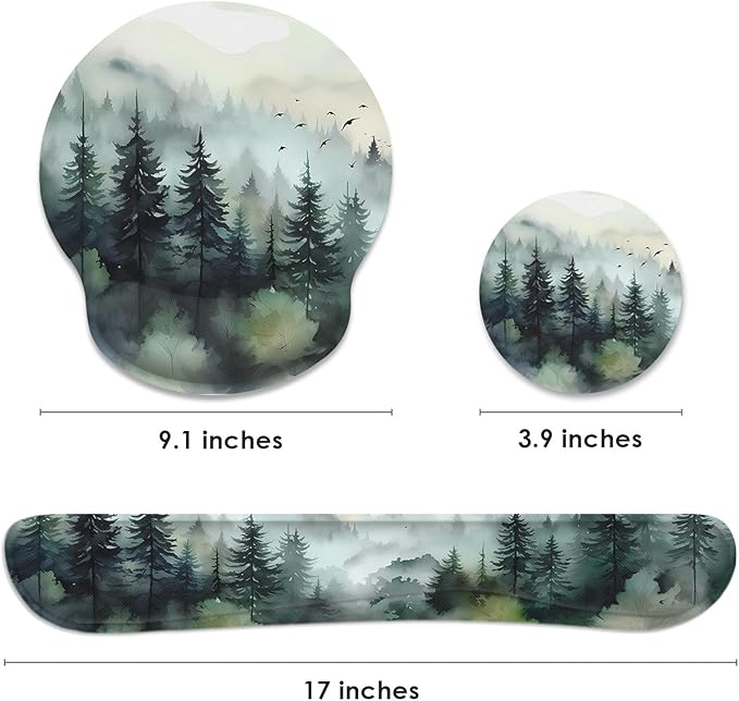 Britimes Green Ink Style Mountain Forest Ergonomic Mouse Pad Set with Wrist Rest Non-Slip Rubber Base Wrist Cushion Support and Coasters Mousepad with Wrist Support for Computer Keyboard and Desk