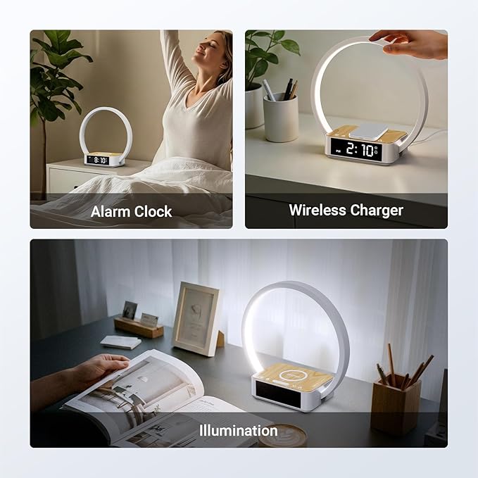 NEEWER Entry Level Version Bedside Lamp with 15W Wireless Charging Compatible with iPhone AirPods, Sunrise Alarm Clock, Dimmable Desktop LED Touch Ring Light for Bedroom Nightstand Reading, N40