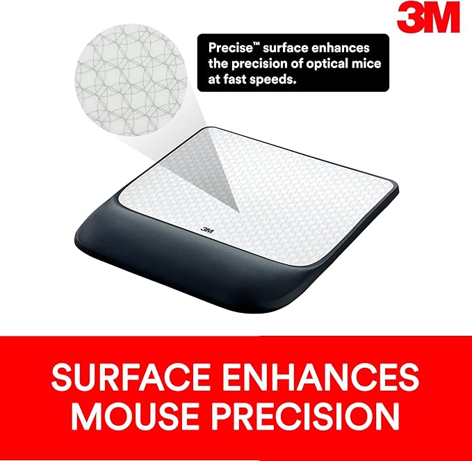 3M Precise Mouse Pad with Gel Wrist Rest, Soothing 3M Gel Technology and Satin Smooth Cover for All Day Comfort, Optical Mouse Performance and Battery Saving Design (MW85B), Extended, Black