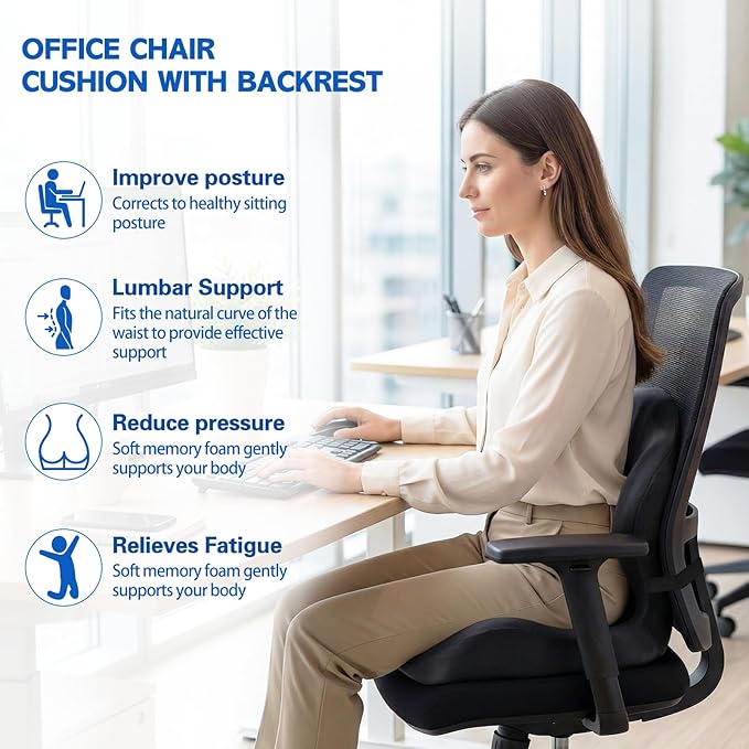 Office Chair Cushion for Tailbone & Back Support, Strong Lumbar Support Ergonomic Cushions, Comfortable Memory Foam Cushion for Pressure Relief, Suitable for Office Chairs, Home Chairs, Car