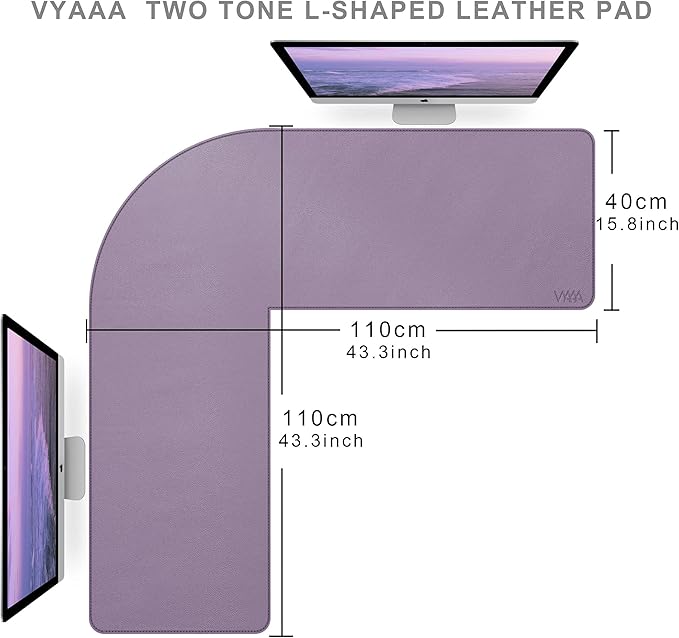 Vyaaa L-Shaped Leather Desk Pad, Two Tone Gaming Mouse Pad for Corner Desk Mat, Office and Home, 43 x 43 x 15.7 Inch(Purple)