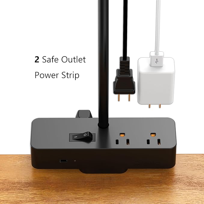 LED Desk Lamp for Home Office, Eye-Caring Clip-On Desk Light with Flexible Gooseneck, 2AC&1USB-C Charging Port, 3 Brightness & 3 Color Modes, Eye-Caring Table Lamp for Study, Reading and Dorm (Black)
