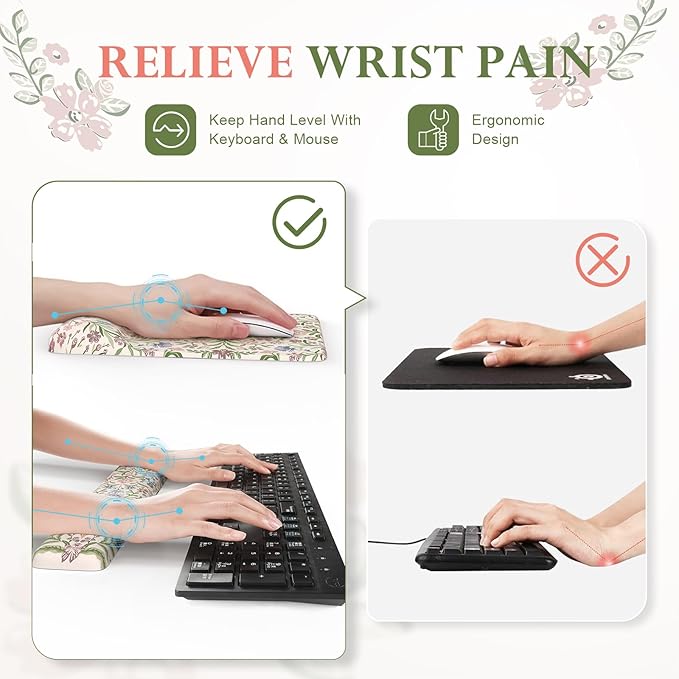 iLeadon Purple Desk Mat Set, Soft Mouse Pad Wrist Support, Anti-Fatigue Keyboard Pad with Wrist Support, Non Slip Long Floral Mouse Pad for Desktop, Teacher Desk Mat with Coaster for Office Women