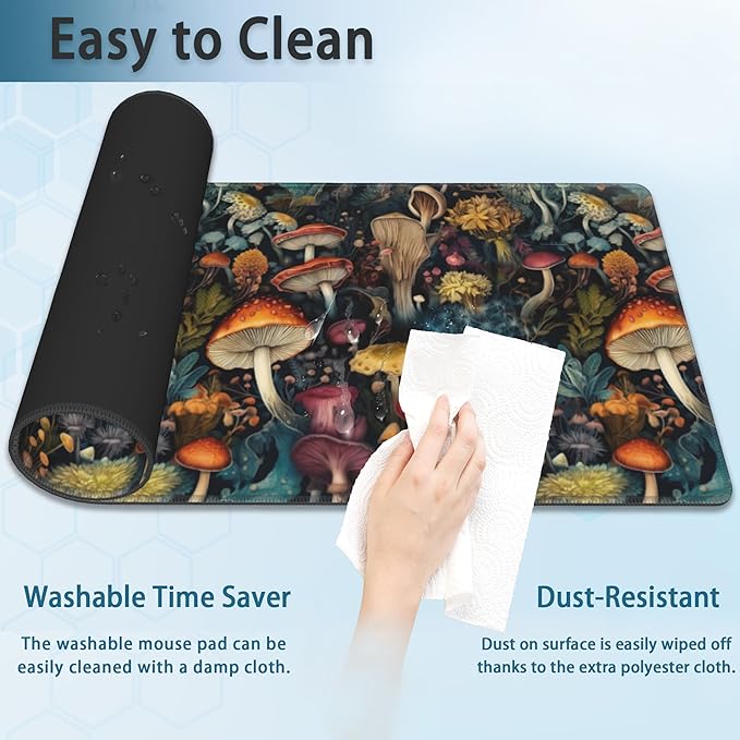 Mushrooms Desk Mat, Vintage Mushroom Floral Extended Gaming Mouse Pad Large, Big Desk Mat with Non-Slip Base and Stitched Edge, Long Computer Keyboard Mouse Mat for Home Office Work 31.5"x11.8"