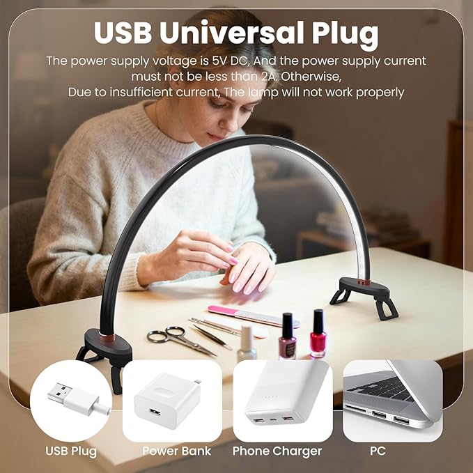 Yokilly Arc Half Moon Light: 20" Half Moon Light with Foldable Bracket for Desk Salon Table Use - No Flicker & Shadow-Free Desk Lamp with Stepless Brightness 3000-6500K for Manicurist Nail Tech