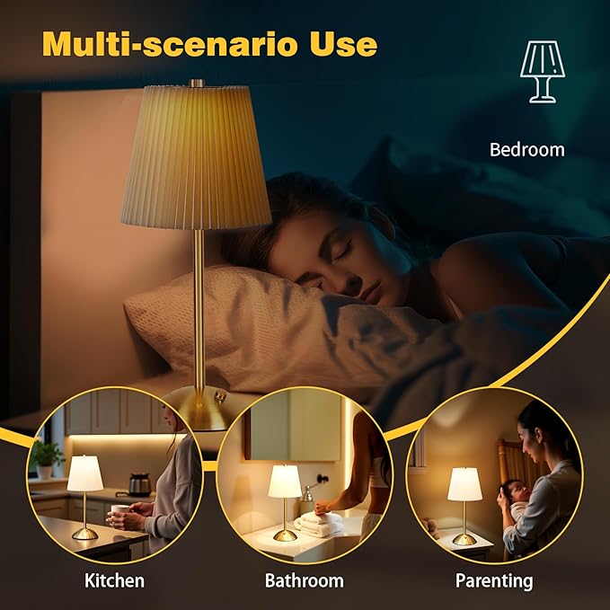 Cordless Table Lamp, 3000mAh Rechargeable Battery Operated Touch Light, Portable 3-Color Dimmable Vintage Ambient Light Beige Fabric Shade for Dining Table/Bedroom/Kitchen/Bar/Bathroom/Entryway/Gift