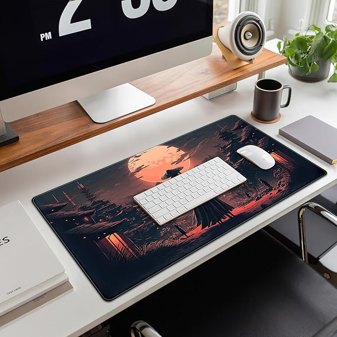 Japanese Landscape Desk Mat Post Moonlight Samurai Mouse Pad Large Dark Aesthetic Desk Pad Gaming Mousepad Extended XXL 31.5 x 15.7 in Laptop Computer Mouse Keyboard Mat