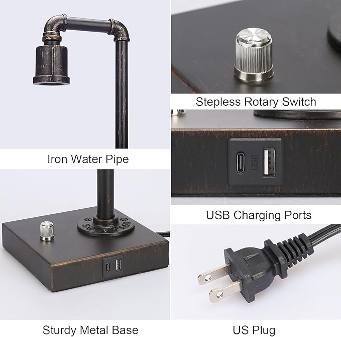 Industrial Table Lamp, Vintage Bedside Lamp with USB C and USB A Charging Ports, Dimmable Steampunk Office Lamp Metal Pipe Edison Reading Lamps for Bedroom, Dorm, Farmhouse Decor 6W LED Bulb Included