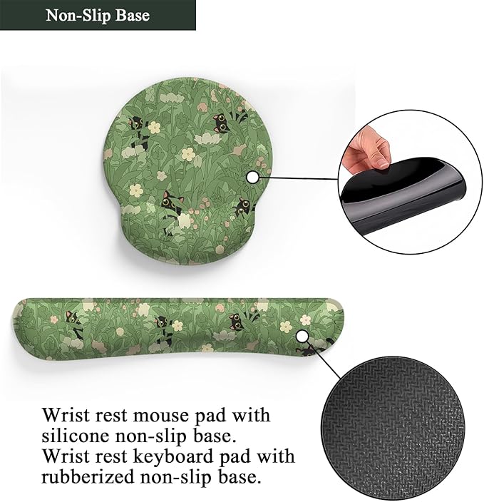 Cute Flower Mouse Pad Wrist Support Ergonomic Green Hide Out Cat, Keyboard Mouse Wrist Rest Non-Slip Gel Anime Kawaii 3D Mouse Pads Wrist Pad,Easy Typing, Comfortable Computer Mouse Pad.