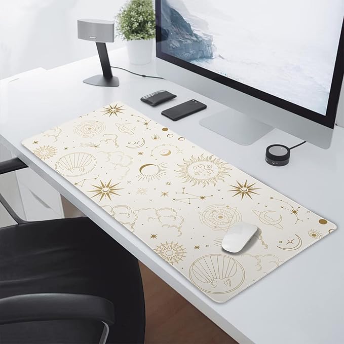 aportt Boho Chic Sun Moon Large Mouse Pad XXL Magic Mystical Galaxy Stars Clouds Extended Large Desk Mat White Big Desk Pad 90X40 CM Non-Slip Rubber Base Stitched Edge Long Mousepad,35.4 x 15.7 Inch