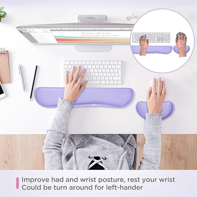 Gimars Upgrade Enlarge Gel Memory Foam Set Keyboard Wrist Rest Pad, Mouse Wrist Cushion Support for Office, Computer, Laptop, Mac, Comfortable, Lightweight for Easy Typing, Purple