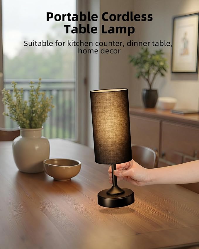 EZVALO Cordless Lamp, Ambient Light, Dimmable, 2700K, Timer, Touch Control, Portable, LED, Battery Operated, Rechargeable, Cordless, Desk Lamp, Kitchen Lamp, Fabric Shade, for Bedroom, Living Room
