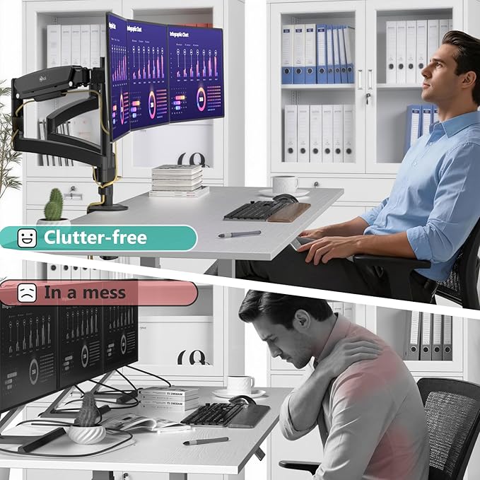 WALI Triple Monitor Mount, 3 Monitor Desk Mount with Premium Gas Spring Arm for Screens 17-32 Inch, Multiple Monitors Stand with Tilt, Swivel, Rotation, Mounting Holes 75/100 mm, Black
