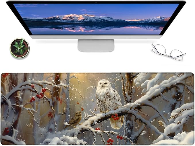 Winter Owl Gaming Mouse Pad,12x31.5in Non-Slip Rubber Elegant Snowy Forest Desk Mat,Large Extended Nature Mousepad for Office Home Laptop,Mice Pads Gifts,Game Lover Deskmat Decor
