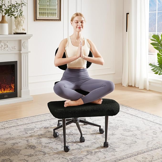 Ergonomic Cross Legged Chair for ADHD, Meditation Chair with 360° Swivel Wheels, Kneeling Office Chair with Back Support, Strong Lumbar Support, Teddy Fabric, Black