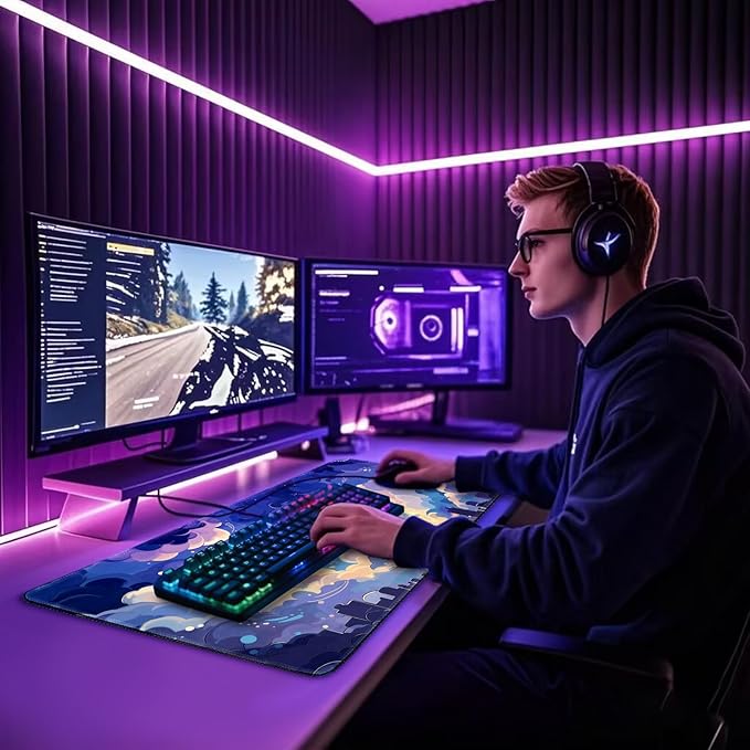 Blue Nebula Aesthetic Large Gaming Mouse Pad 31.5"x15.7"｜XXL Desk Mat, Non-Slip Rubber Base & Stitched Edges - Extended Waterproof Mousepad for PC/Laptop/Office/Home Decor