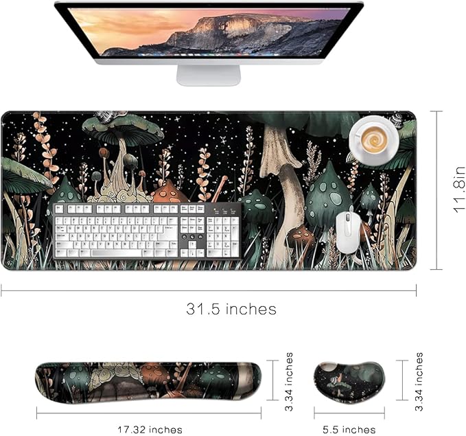 MIBITRI Keyboard Mouse Pad Set, Extended Gaming Mouse Pad+Ergonomics Keyboard Wrist Rest Support, Memory Foam, Easy Typing, 4Pcs XXL Ultra Thick Desk Mat, Snails and Mushroom