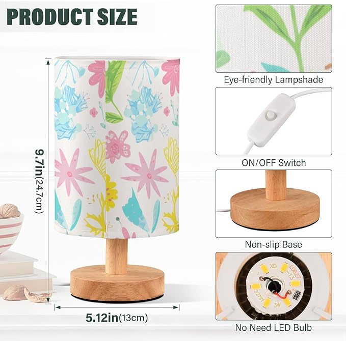 Colorful Floral LED Table Lamp, Bedside Lamp with Linen Lampshade, Flicker-Free Eye Care USB Plug in Nightstand Lamp, for Bedroom and Office