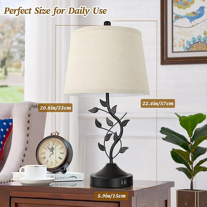 3-Way Dimmable Touch Table Lamps for Living Room Set of 2 Traditional Lamps for Bedroom with 2 USB Charging Ports Bedside Nightstand Lamps for Reading Retro Vine Lamps End Table Office, Bulbs Included