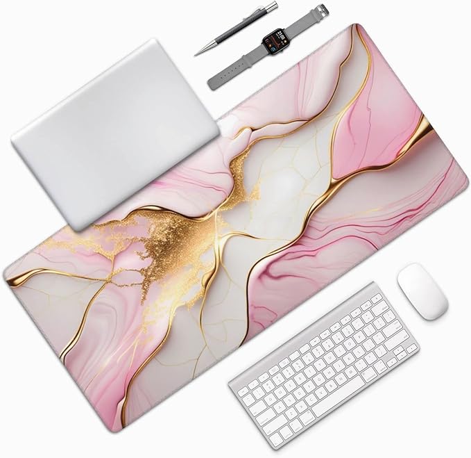 Gaming Mouse Pad,Large Mouse Pads for Desk,Non-Slip Rubber Base Extended Mousepad,XXL Keyboard Mouse Mat,Computer Keyboard Desk Pad with Stitched Edges,35.4x15.8inch,Pink Gold Marble