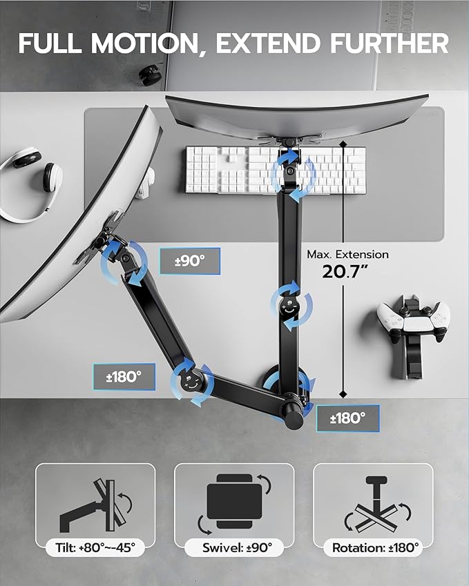 ARES WING Dual Monitor Mount - Ultrawide Monitor Arm for 40 34 32 27 Inch Heavy Duty Curved Screen Up to 26.4 lbs with Clamp/Grommet Desk Mount, 75/100 Vesa Mount, Black