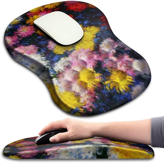 Hokafenle Ergonomic Mouse Pad Wrist Support with Massage Design, Wrist Rest Mousepad with Memory Foam&Non-Slip PU Base, Mouse Pads for Wireless Mouse & Desk(12x8 inch,Monet Chrysanthemum)