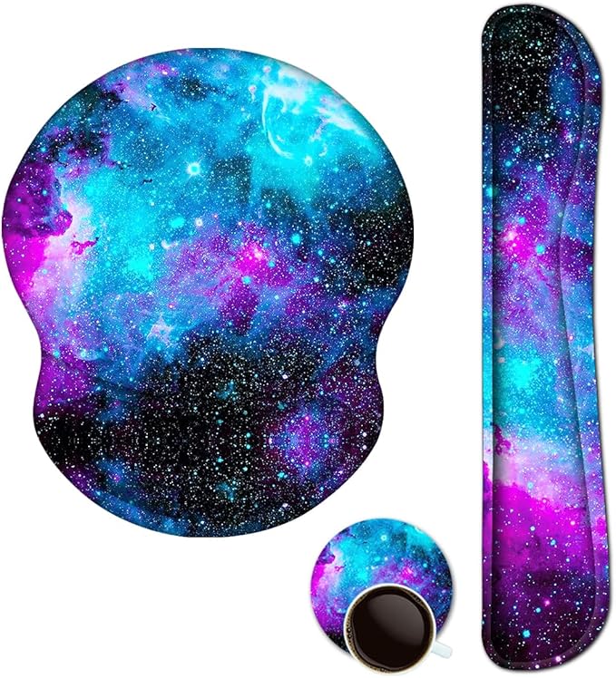 ArtSo Upgraded Wrist Rest Support for Mouse Pad & Keyboard, Ergonomic Gel Mousepad Non-Slip Rubber Base Home, Office Wrist Support & Easy Typing Cushion with Neoprene Cloth & Soft Memory Foam, Galaxy