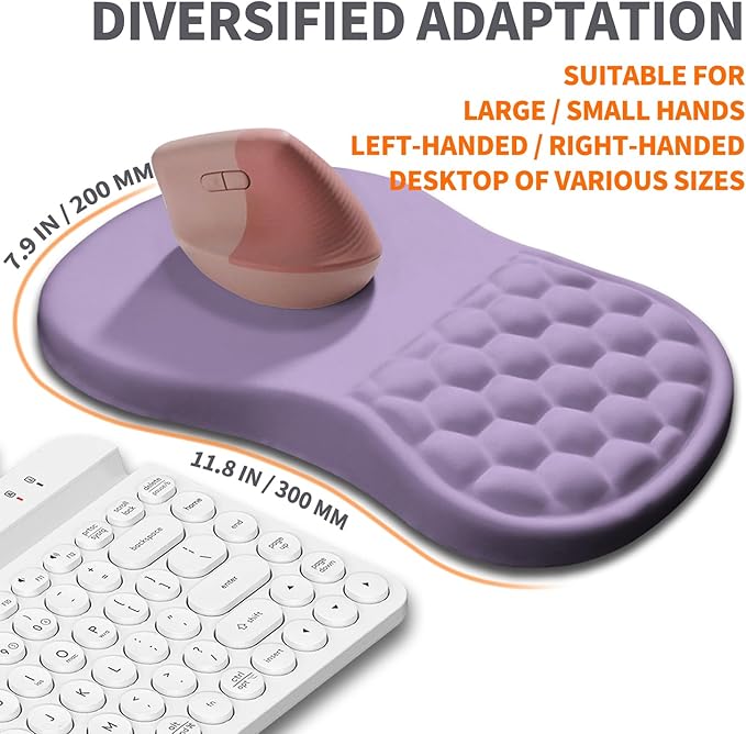 Ergonomic Joint Wrist Support Mouse Pad with Memory Foam Cushion Massage Bump, Carpal Tunnel Mousepad Slope Design for Wrist Rest, 11.8x7.9 in, Pale Purple