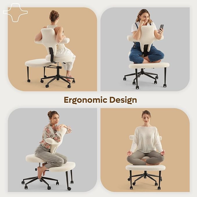 Ergonomic Cross Legged Office Chair Extra Wide for ADHD and Meditation, Kneeling Chair with 360° Swivel Wheels and Reversible Seating, Adjustable Height and Seat Deapth, Teddy Fabric, White