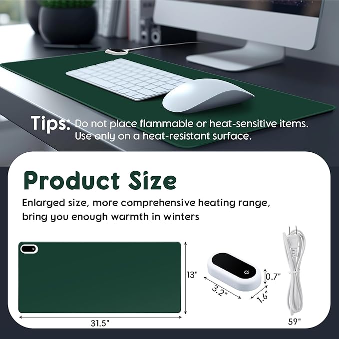 Konohan Heated Desk Pad Warm Mouse Pad, 5 Heating Level & 4 Hour Auto Shut-Off, PU Leather Warm Mouse Mat Heating Keyboard Gaming Mice Warmer Mat Only Supports 110v(Dark Green Color,31.5" X 13")