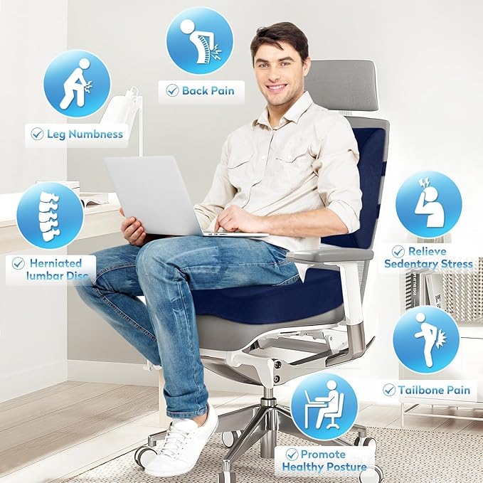 CloudBliss Seat Cushion, Office Chair Cushion, Car Seat Cushion, Lumbar Support Pillow for Office Chair, Back Support Memory Foam Pillow Coccyx Cushion for Tailbone & Coccyx Support, Blue, X-Large