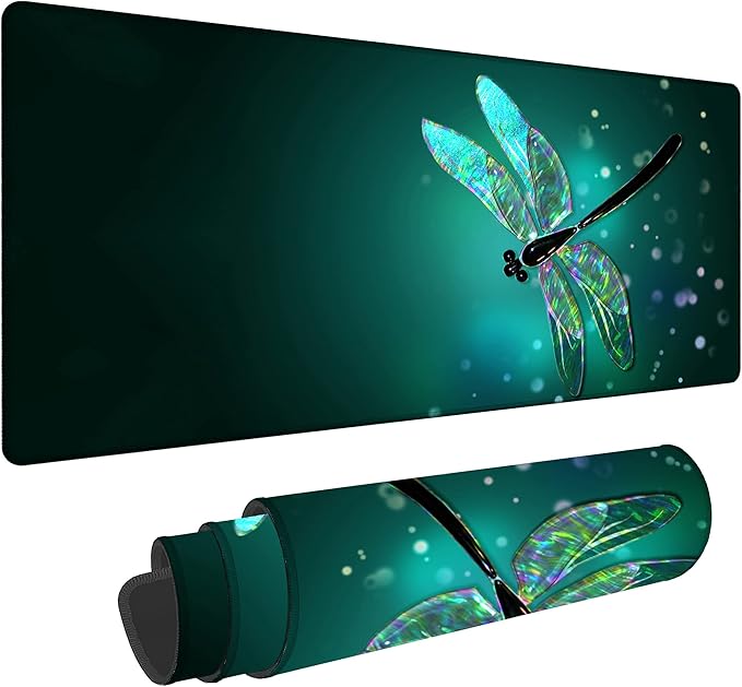 Dragonfly Gaming Desk Mat Large, Fantasy Green Dragonfly Extended Mousepad,Non-Slip Rubber Mouse Pad Stitched Edges,Desktop Decorative Accessories for Home Office 31.5" x 15.7"