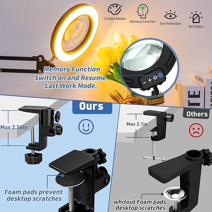 HITTI Ultra Long 12X Magnifying Glass with Light and Clamp, 5 Color Modes Steepless Dimming Desk Lamp, Swivel Arm Workbench Light, Hands Free Lighted Magnifier Stand for Craft Reading Soldering