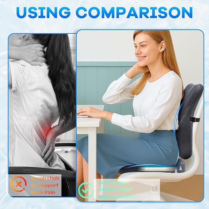Gel Seat Cushion & Lumbar Support Pillow Set, Cooling Memory Foam for Coccyx & Lumbar Ergonomic Support, Ergonomic Desk Chair Cushion with Breathable Mesh Cover for Car, Home, Wheelchair (Grey)
