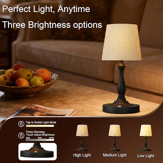 Cute Cordless Rechargeable Table Lamp with Linen Shade, 3 Color Temps LED Dimmable Ambient Lighting, Small Retro Touch Bedside Light for Decor, Metal Base.