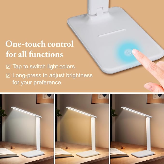 WOOST Cordless Desk Lamp, Small Desk Lamp, LED Rechargeable Travel Desk Light, Portable, Eye-Friendly, Foldable, Wireless Table Lamp with 3 Color Modes, Touch Control, Dimmable, Nail Light for Desk