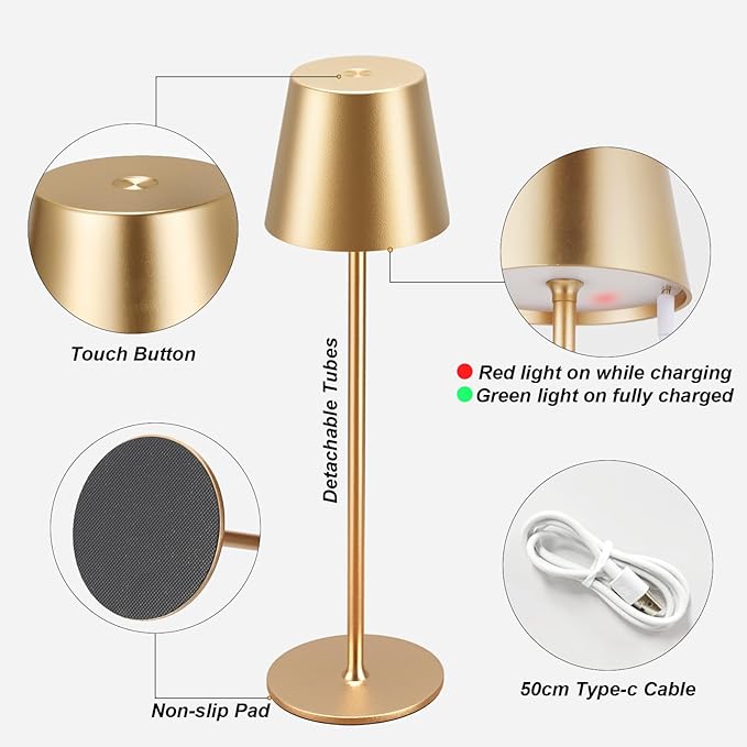 Kakanuo Cordless Table Lamp Rechargeable Gold - KK 4 Pack Battery Operated Lamp for Dining Table, 3 Color Stepless Dimming Waterproof LED Wireless Lamp for Counter, Outdoor Patio, Touch Control