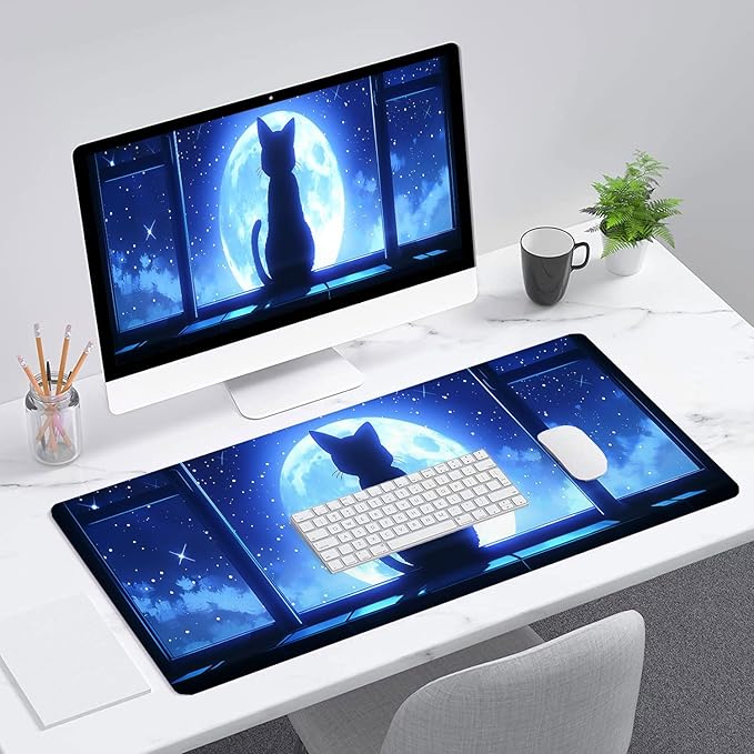 Anime Cat Desk Mat Gaming Mouse Pad Cartoon Cute Cat Looking Moon Large Gaming Mouse Mat with Stitched Edges,Non-Slip Waterproof Rubber Base Mous Mat Office Computer Keyboard Laptop Home 31.5"x11.8"