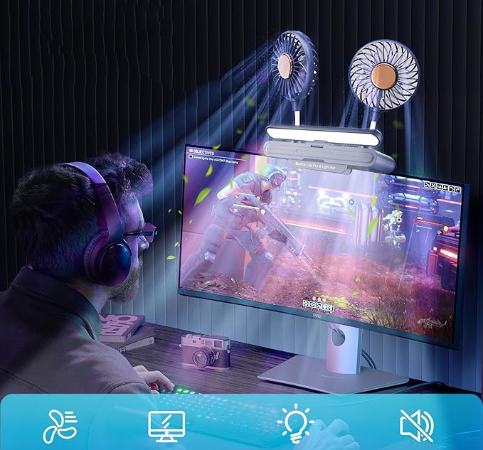 USB Monitor Clip on Fan via Flip-Open LED Light Bar, Two-Head Personal Cooling desktop Laptop Quiet USB Fan for Office, 3 Wind Speeds, for Flat, Curved Monitors (Deepsea Blue)