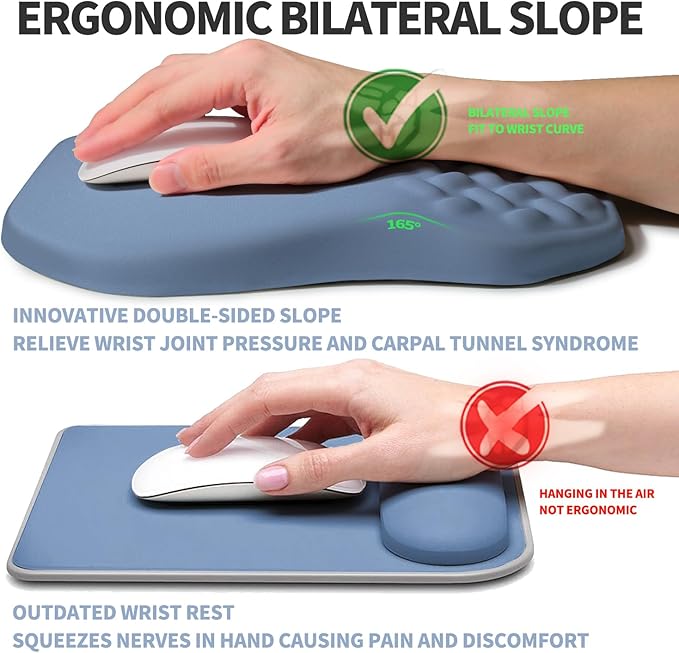Ergonomic Raised Mouse Pad Wrist Support with Bilateral Slope Memory Foam Mousepad for Wrist Rest and Carpal Tunnel 11.8x7.9〃 Stone Blue