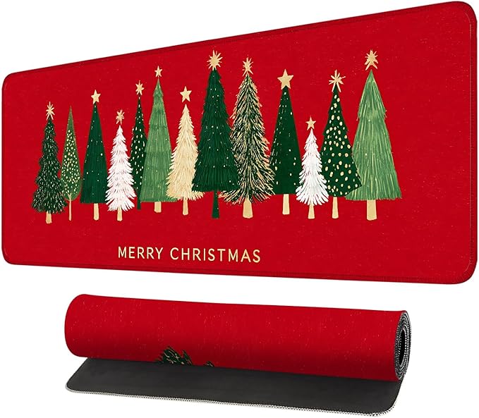 Desk Mat, XXL Extended Gaming Pad for Desktop, 31x12 Inches Trees on Red Background, Large Non-Slip Vegan Leather Surface with Stitched Edges, Keyboard Mouse Mat for Home Office