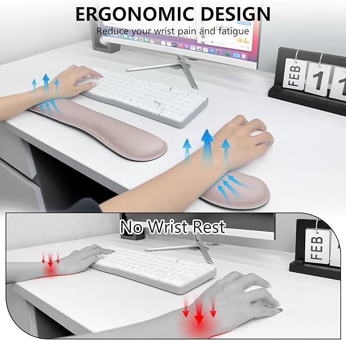 Wrist Rest for Computer Keyboard and Mouse, Ergonomic Design Wrist Support Pad for Keyboard, Soft Memory Foam Desk Pads Support Hand and Arm Easy Typing & Comfort, 2 Piece Pad, Cream Pink