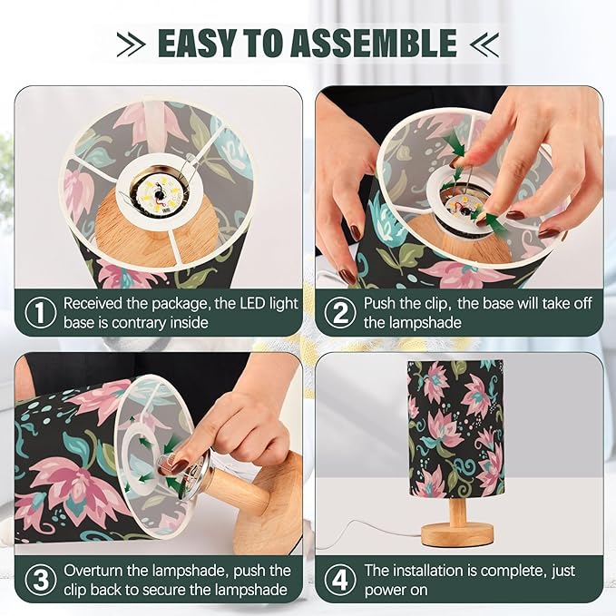 Pink Floral LED Table Lamp, Bedside Lamp with Linen Lampshade, Flicker-Free Eye Care USB Plug in Nightstand Lamp, for Bedroom and Office