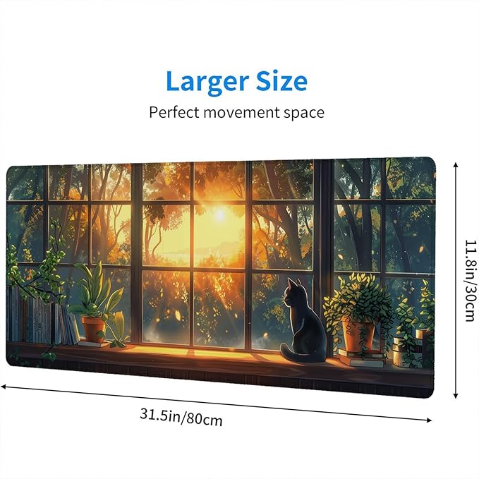 Cute Black Cat Desk Pad Mouse Pad Green Plants Aesthetic Kawaii Anime Mousepad XL Large Gaming Mouse Pad Laptop Keyboard Mat Desk Pad Office Home Decor for Women Girl 31.5"x11.8"