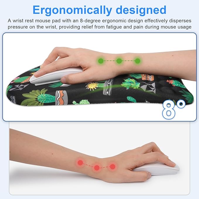 Ergonomic Wrist Mouse Pad with Massage Design, Wrist Rest Mousepad with Memory Foam Non-Slip PU Base, Mouse Pad with Wrist Support for Wireless Mouse & Desk, Y Potted Cactus