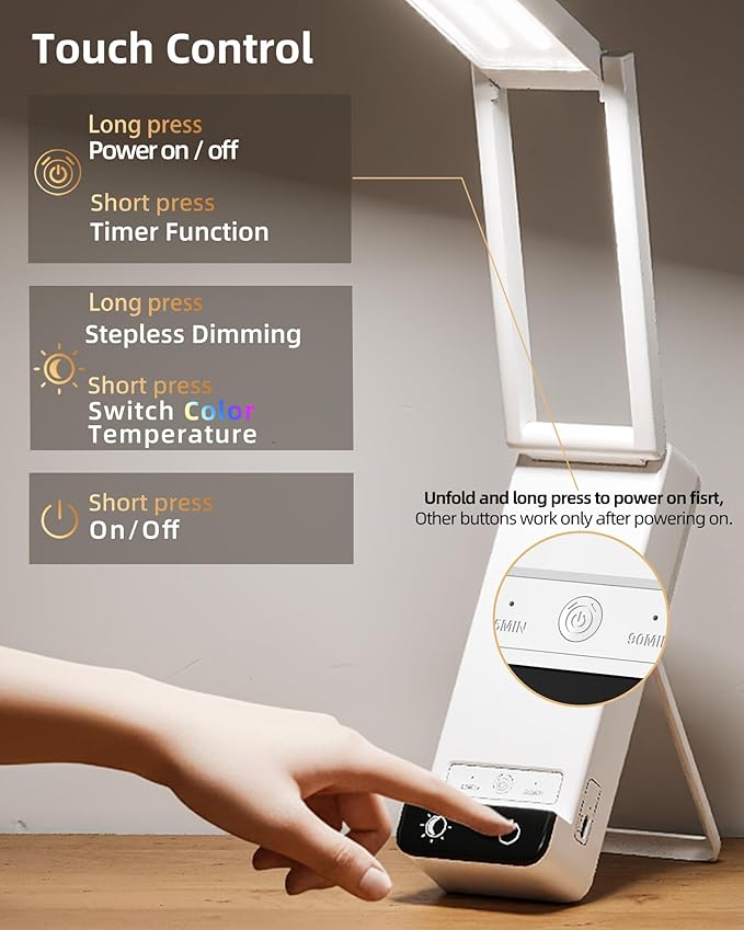 EZVALO Rechargeable Desk Lamp, 6000mAh Battery Wireless Light, Cordless Table Lamp for Book Reading, Foldable Mini Lamps & Portable, 3 Color Dimmable Small Light for Bed, Nail Light, Craft, White