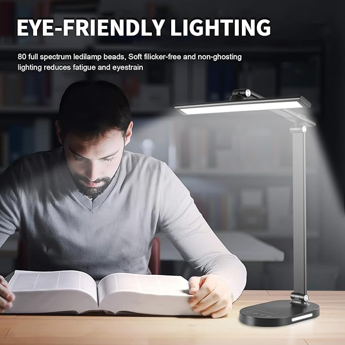 LED Desk Lamp Touch Desk Lamps with 5 Levels Brightness, Dimmable Office Reading Lamp with Adjustable Arm Foldable Table Desk Lamp for Bedroom Bedside Office Study, 3000-6500K(Black)