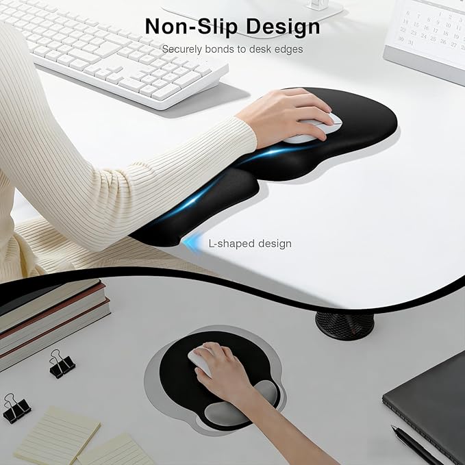 Ospelelf Mouse Pad with Wrist Rest Set Foam L-Shaped Desk Elbow Pad Ergonomic Desk Edge Cushion Anti-Slip Rubber Bottom Office Women Desk Accessories for Computer, Laptop and Gaming, Black