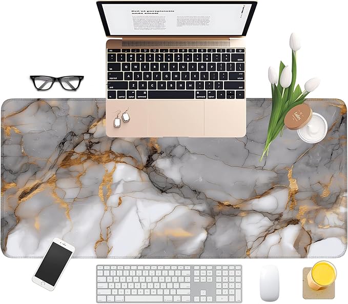 Marble Extended Gaming Mouse Pad 35.4x15.7Inch Large Desk Mat Anti-Slip Rubber Base & Durable Stitched Edges for Gamers Smooth Mouse Writing Surface for Desk Office/Home