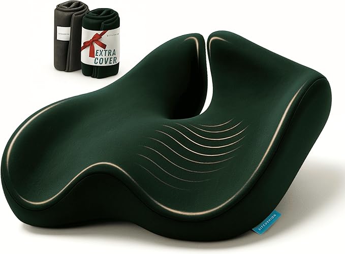 Orthopedic Coccyx Cushion for Tailbone Support, Sciatica and Back Comfort - XL Memory Foam Seat Cushions for Office Chairs, Car, Gaming - Ergonomic Cushion with Removable Spare Cover (Green)